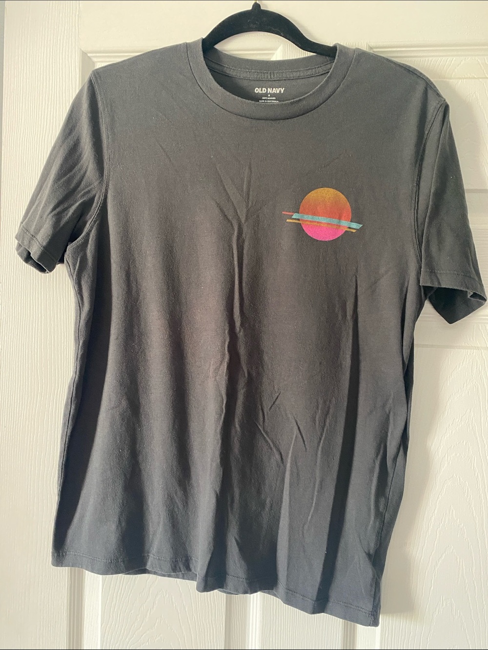 Old Navy Black Short-Sleeve Tee with Pink, Orange & Teal sun Graphic